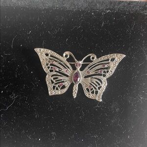 Silver Butterfly Brooch with Purple Gem Accents